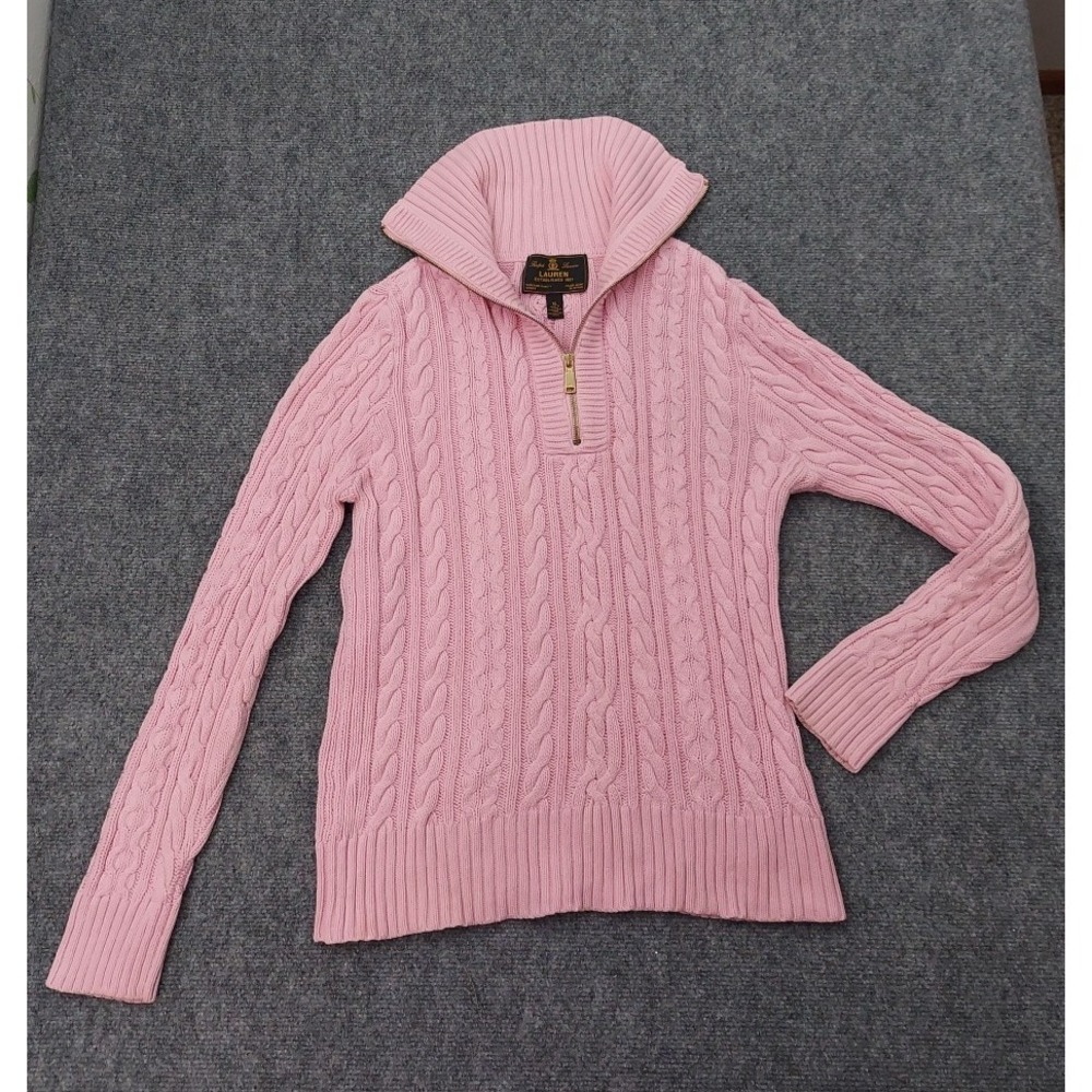 Ralph Lauren Cable Knit Sweater Womens XL Pink Pullover 1/4 Zip Gold Zipper